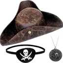 Pirate Hat Costome Accessories for Women Men - Faux Leather Pirate Hats for Woman, Eye Patch & Necklaces - Halloween Tricorn Hat Brown Vintage Wrinkle Distressed