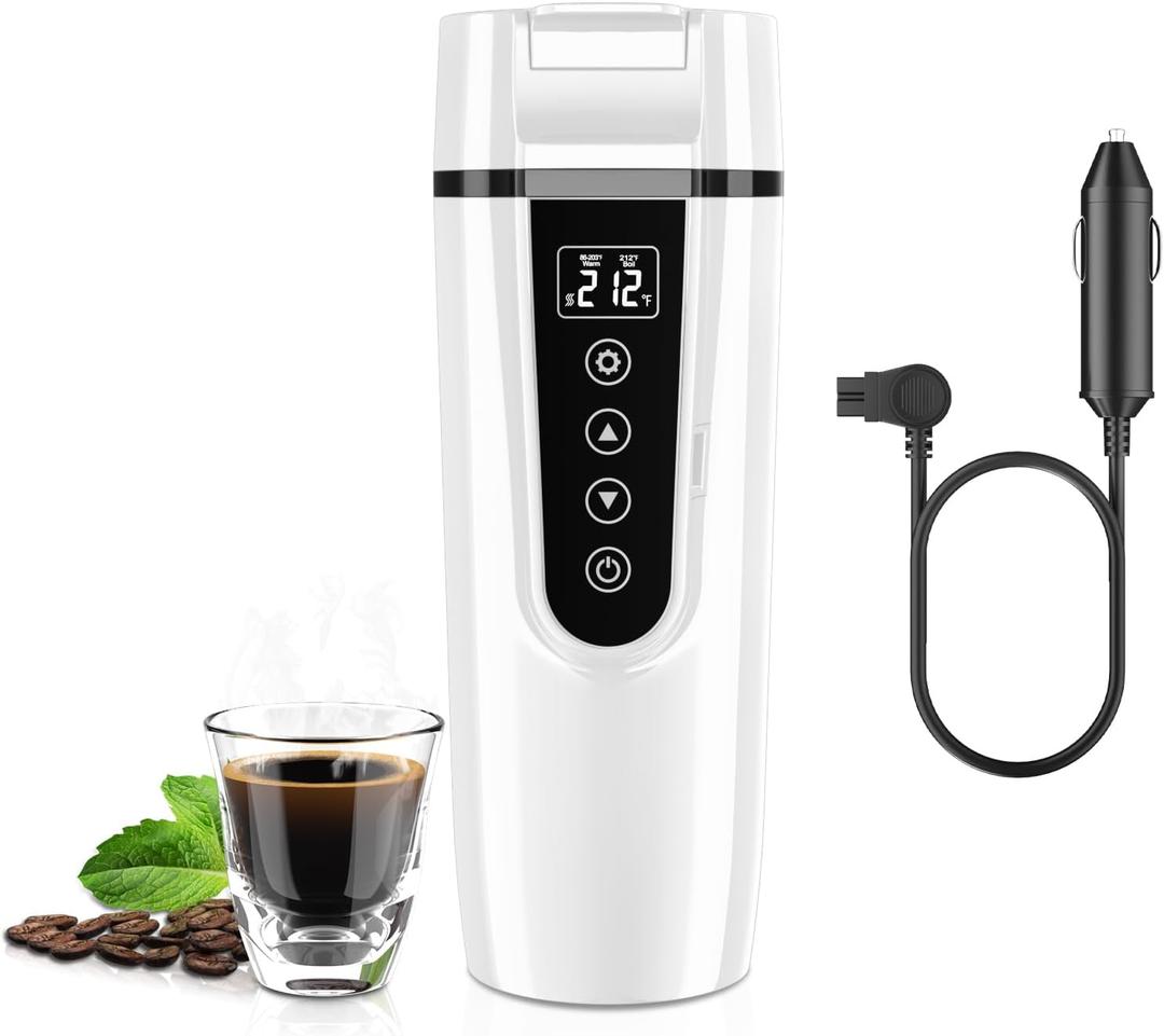 Car Electric Kettle for Travel : FVPE 12V/24V Small Electric Water Kettle, Multi-Temp Control 400 mL Portable Car Water Boiler for Brewing Coffee Tea, LCD Display 304 Stainless Steel Truck Heating Cup (White)