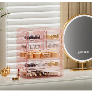 COMVTUPY Acrylic Clear Large Makeup Organizer - Jewelry Holder Organizer, Perfect Make Up Organizers and Storage for Vanity, Bathroom (3 Large, 4 Small Drawers - Purple)