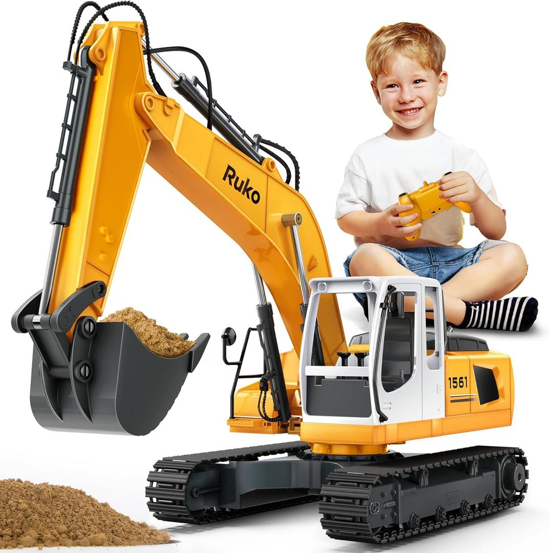 Ruko 1561 RC Excavator 3 in 1 Construction Toys for Boys, 17 Channel Remote Control Vehicles with Grab Alloy Shovel Drill, Realistic Lights & Sounds Digger Sandbox Gifts for 6-14 Years Kids Adults