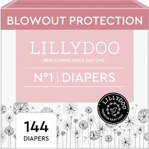 LILLYDOO Baby Diapers - Size 1 (4-11 lbs), Monthly Supply (144 Count), Leak Protection, Skin-Friendly, Ultrasoft, Perfume- & Chlorine-Free, Hypoallergenic, Dermatologist Tested, Oeko-TEX
