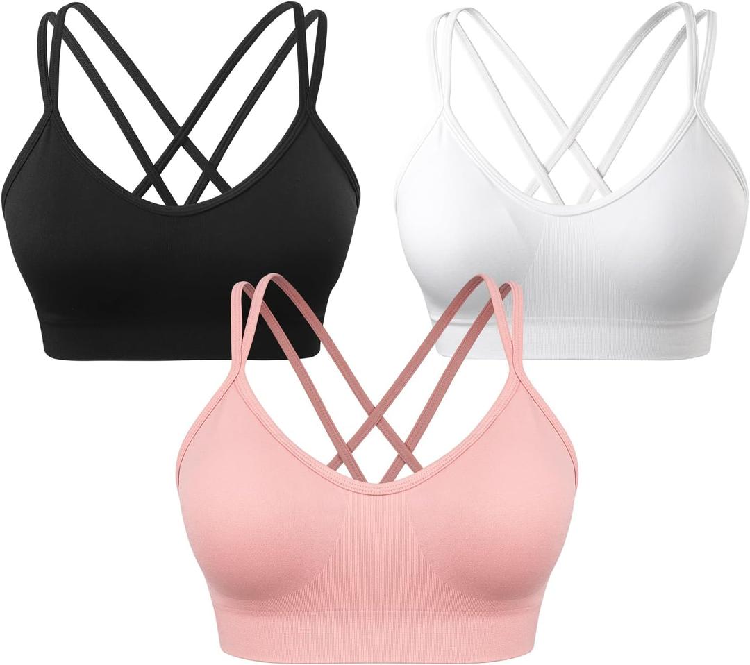VEQKING Women's Cross Back Sports Bra Padded Strappy Medium Support Yoga Bra for Workout Fitness 3 Pack (X-Large, 3pack(black+white+peach Pink))