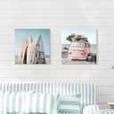 Hardy Gallery Beach Picture Coastal Wall Art: Surfboard & Pink Car Painting Ocean Wall Art on Canvas for Bedroom (16 x 16 x 2 Panels)