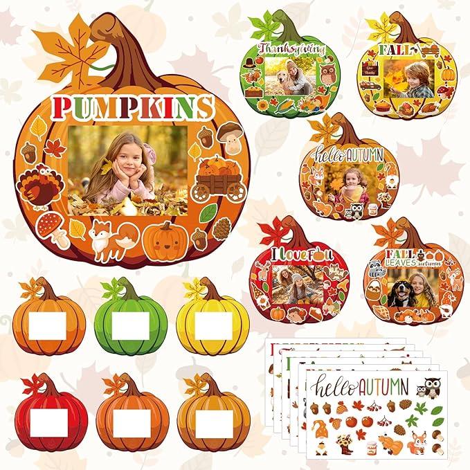 36 Sets Fall DIY Picture Frames Craft Kit 6.8 x 6.3 Inch Autumn Pumpkin Photo Frames Ornaments with Autumn Stickers for Thanksgiving Decorations Fall Party Gifts Home Activities