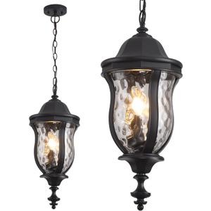 Large Outdoor Pendant Light Fixtures, 23.6'' Exterior Hanging Lantern Porch Light Adjustable, Black Hanging Lamp Farmhouse Exterior Chandelier Ceiling Mount for Entrance Patio