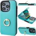 Folosu Compatible with iPhone 14 Pro Case Wallet with Card Holder, 360Rotation Finger Ring Holder Kickstand, RFID Blocking Leather Protective Double Buttons Shockproof Cover 6.1 Inch Green