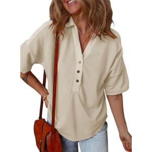 Dokotoo Womens Summer Shirts Casual Short Sleeve 1/4 Button Solid Collar Neck Curved Hem Pullover Sweatshirts Tops (Beige, S)