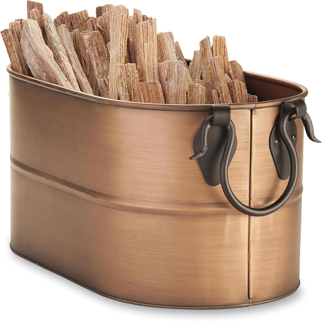 Plow & Hearth Vintage-Style Antique Copper Firewood Bucket with Wrought Iron Handles | Decorative Firewood Rack | Galvanized Steel Log Holder for Fireplace (Small)