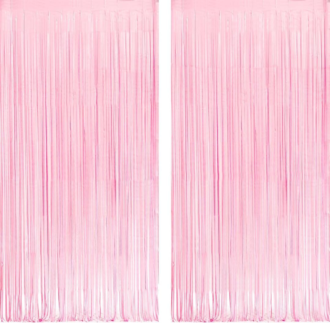 Pastel Pink Party Backdrop Decoration - GREATRIL Baby Pink Foil Fringe Streamers for Baby/Boo Day/Valentines/Cowgirl/Sweet/Cloud/Unicorn/Princess/Bow Themed - 3.2ft X 8.2ft - 2 Packs