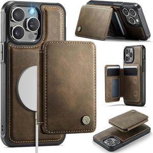 Compatible with Magsafe for iPhone 14 Pro Wallet Case Magnetic Card Holder, RFID Blocking 2 in 1 Detachable Kickstand Shockproof Case for Apple iPhone 14 Pro, Brown
