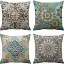 Emvency Set of 4 Boho Throw Pillow Covers Vintage Abstract Brown Green Teal and Grey Plant Leaf Floral Decorative Pillow Cases Home Decor Standard Square 20x20 Inches Pillowcases