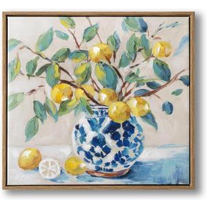 Framed Vintage Kitchen Wall Art, hand-painted Yellow Lemon Still Life Wall Decor Oil Paintings, Rustic Farmhouse Artwork Canvas Prints and handmede Pictures for Living Room Bedroom Home Decor 17x17 In