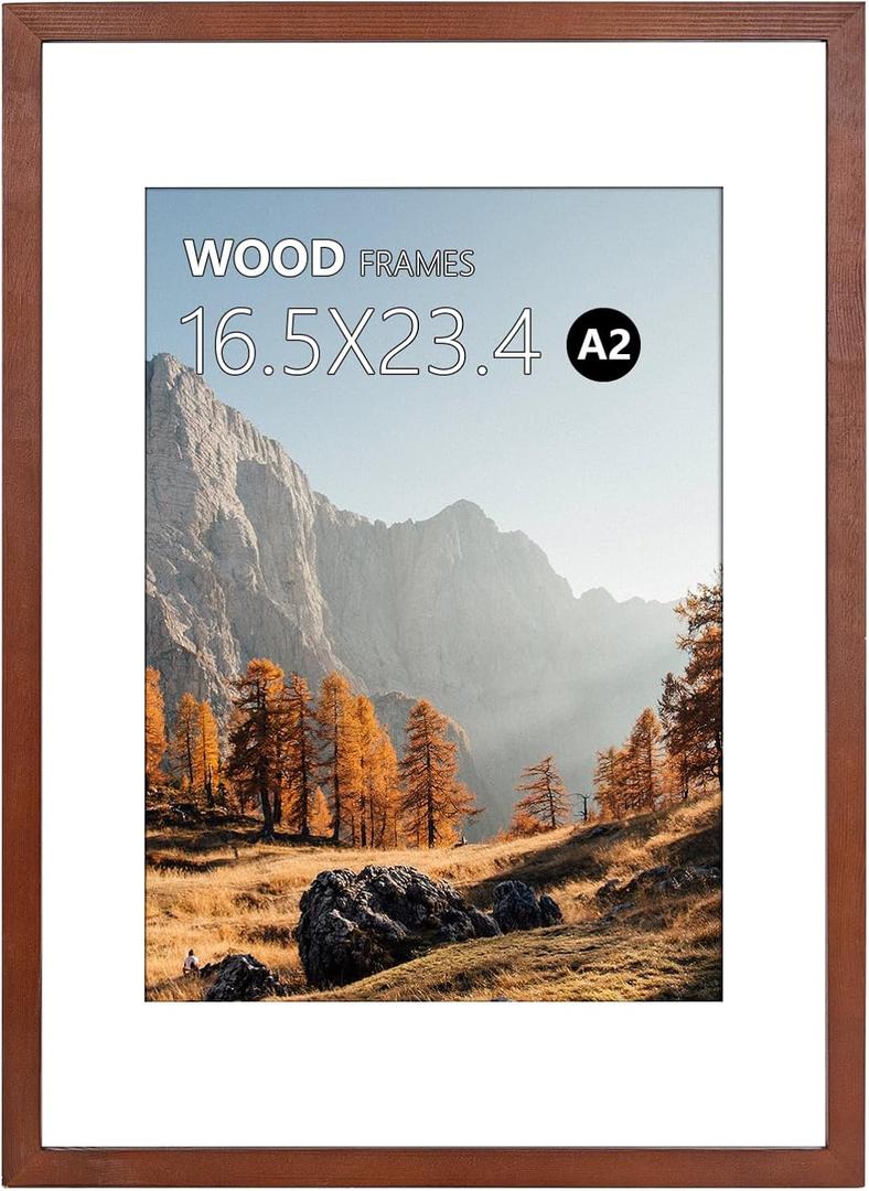 A2 Poster Frame,16.5x23.4in Brown Natural Wood Picture Frames with Polished Plexiglass,Easy to Hang,Display Picture A2 without Mat or A3 with Mat for Wall Mounting Horizontally and Vertically