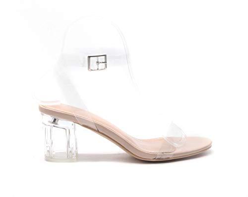 Cape Robbin Wisdom Clear Chunky Block Low Heels for Women, Transparent Strappy Open Toe Shoes Heels for Women - Nude, Size 10