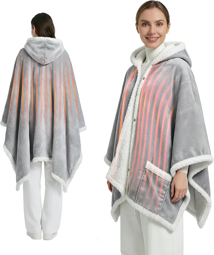 Myiosus Heated Blanket Wearable Shawl, Electric Wrap Poncho Blanket Hoodie with Pockets, Velvet & Sherpa Heating Throw with 6 Heating Levels & 4 Time Settings,Birthday Gifts for Mom, 50 x 64 Inch,Grey