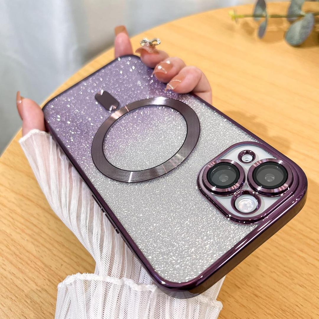 Case Fit for iPhone 14 - MagSafe Compatible Camera Lens Protector Glitter Bling Plating Full Body Shockproof Protection Anti-Scratch Case - Purple