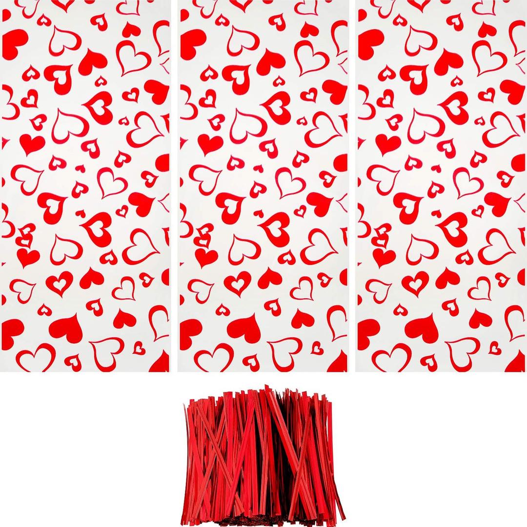 Boao 100 Pieces Valentine's Day Cellophane Treat Bags, Clear Goodies Bags with 150 Pieces Twist Ties for Valentine's Day Party Supplies