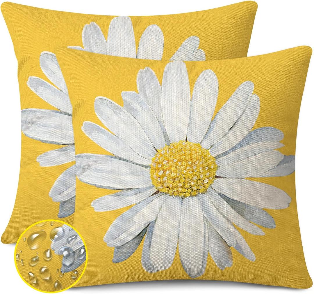Coeufuedy Spring Summer Outdoor Waterproof Pillow Covers 18 x 18 Inch Set of 2 Yellow Daisy Flower Decorative Cushion Cases for Sofa Couch Garden Patio