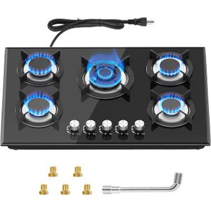5 Burners Gas Stove 30inch, Built-in Kitchen Gas Stovetop with NG/LPG Conversion Kit, Glass Top Gas Burner (30in x 20.5in) (AR-ND-G03)