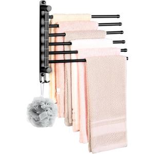 Swivel Towel Rack, Towel Bar with Wall Mounted 180 Rotation, 6 Arms Towel Hanger SUS 304 Stainless Steel, Space Saving for Kitchen, Bathroom, Outdoor, Matte Black