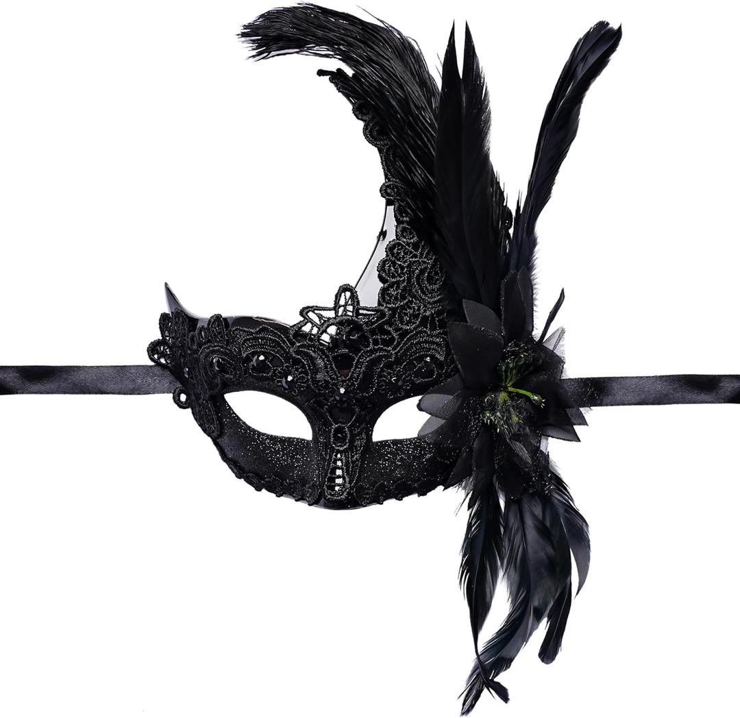 Feather Masquerade Mask Feather Venetian Mask for Women Cosplay Party Halloween Mardi Gras Christmas Masque (Black)