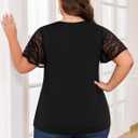 ZNU Women' s Plus Size Summer Tops Elegant Tie Front Bow Knot Round Neck Lace Ruffle Short Sleeves T-Shirts Tee Blouse (Black, XXL)