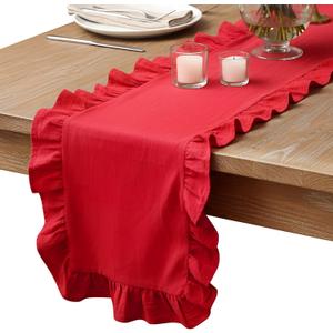 Oudain Red Ruffle Table Runner Cotton Fabric 118 x 13.8'' Farmhouse Rustic Ruffled Edge Table Runner Wedding Decor for Spring Baby Shower Bridal Shower Party