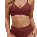 Edelqual Women's High Waisted Bikini Sets Two Piece Swimsuit Tummy Control Bathing Suit V Neck Swimwear 2025 Swim Suit (Large, Brick Red)