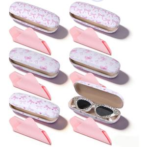 6 PCS Pink Glasses Case, Bow Cute Glasses Cases Hard Shell Bulk with Cleaning Cloth PU Leather Coquettish Eyeglass Cases for Studying, Working, Traveling-6.32.4 Inch, 3 Styles