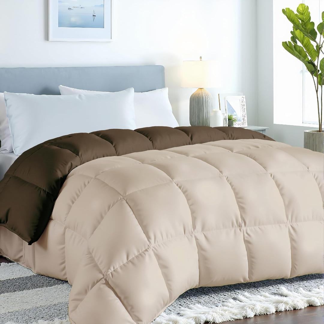 ROYALE LINENS Reversible Comforter - Queen Size Duvet Insert - All Season Soft Quilted Comforters with 8 Corner Tabs - Down Alternative Bedding Comforter - Duvet Insert (Chocolate/Sand, Queen 88"x88")