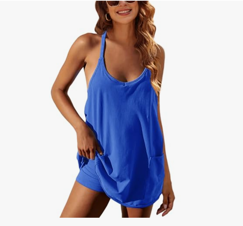 Lentta Womens Athletic Sleeveless Mini Dress with Built-in Shorts V Neck Spaghetti Strap Sundress.M