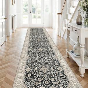 Non Slip Runner Rug for Hallway Long Carpet Runners 3x12 Black Beige - Soft Thin Washable Stain and Spill Resistant for Wide Entryway Laundry Room - Distressed Vintage Kitchen Rugs