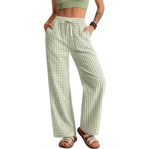 Neer Women's Striped Gingham Pants Cotton Plaid Pajama Lounge Boxer Pants Drawstring Pj Bottoms Wide Leg Trousers with Pocket (Large)