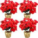 4 Sets 18.5 Christmas Poinsettia Artificial Flowers Potted with Gold Pot Bags Desktop Plants for Home Garden Table Centerpiece Window Gift Holiday Xmas Decor