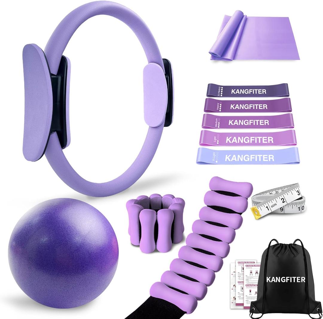 KANGFITER Pilates Equipment Kit for Home Workout, Pilates Ring and Ball Set with Adjustable Ankle Wrist Weights, Resistance Bands, Tape Measure, Bag, Pilates Essentials Accessories for Women Yoga