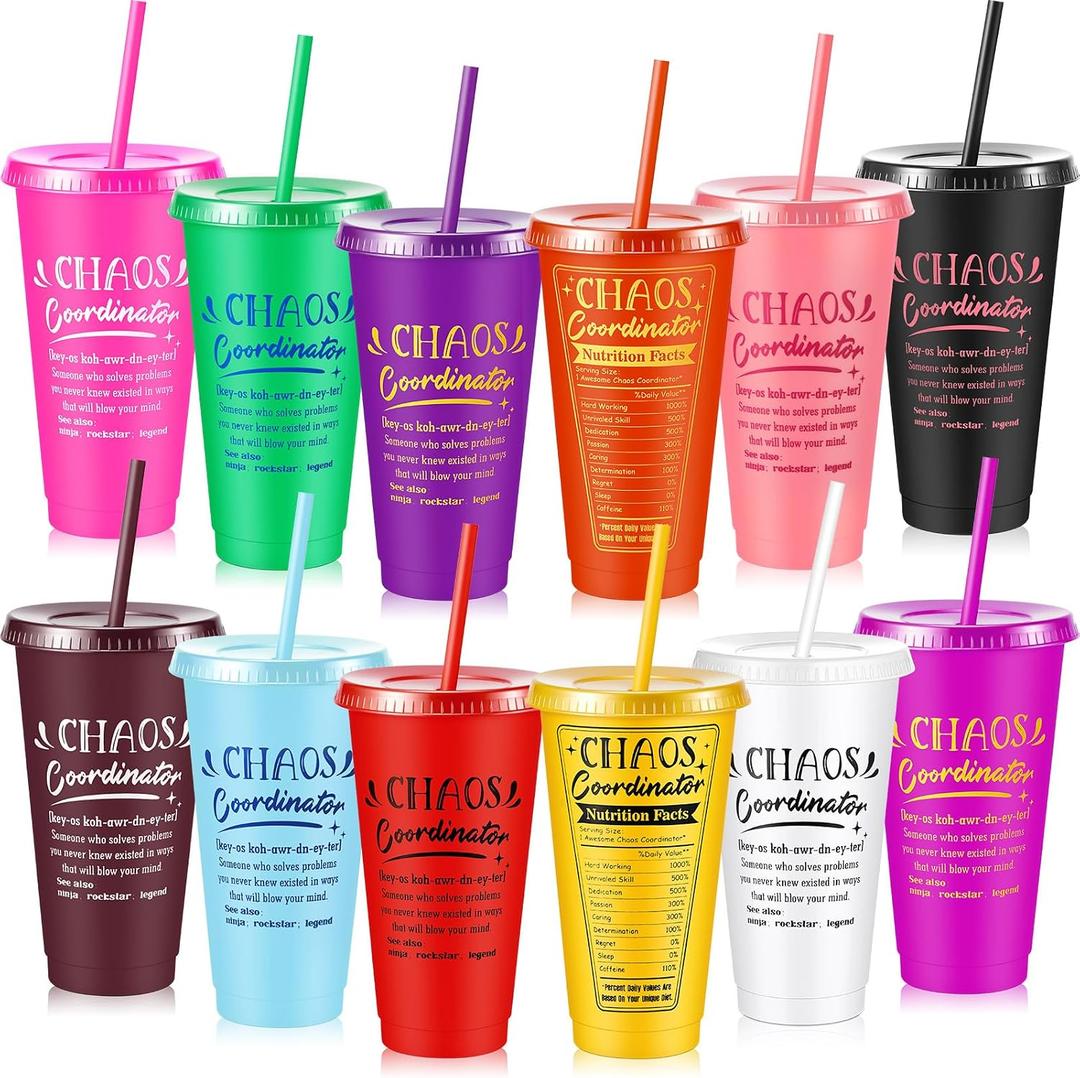Uiifan 12 Pcs Chaos Coordinator Plastic Tumbler Gift for Women Boss 24 oz Reusable Tumbler Bulk with Lids and Straws for Christmas Party Birthday Employee Office Teacher Gift(Multiple Colors)
