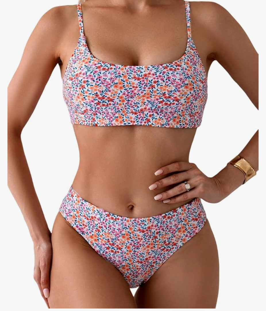 YIMISAN Women's Two Piece Swimsuit Floral Print Bikini Sets Spaghetti Straps Scoop Neck Mid Waist Cheeky Bathing Suit , Size M