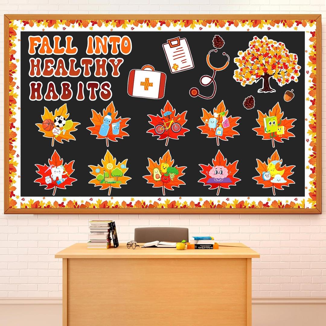 Containlol Thanksgiving Health Bulletin Board Set Fall into Healthy Habits Classroom Decorations Maple Leaves Healthy Theme Cutouts for Autumn Harvest Preschool Door Wall Decor Supplies