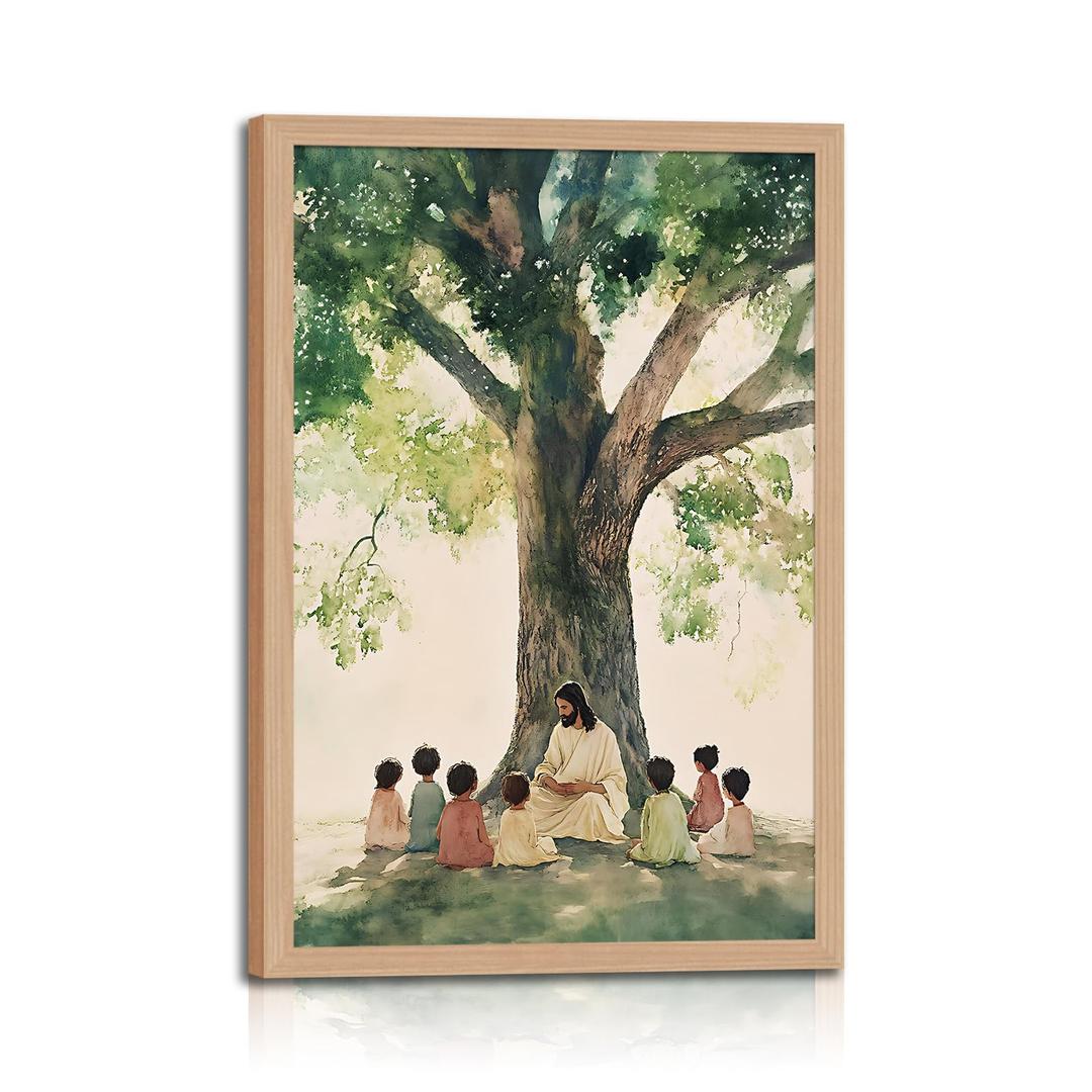 Framed Jesus With Children Wall Art, Christian Jesus Teaching Kids Wall Decor Paintings, Religious Bible Canvas Print Pictures for Nursery Kids Room Prayer Room Home Decor Wood 16x24in