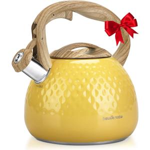 Tea Kettle, Stovetop Teapot, 2.5 Quart, Loud Whistle, Food Grade Stainless Steel and Smooth Wood Pattern Handle, Sophisticated Look for Hiking, Picnic, for Tea, Coffee, (Yellow)