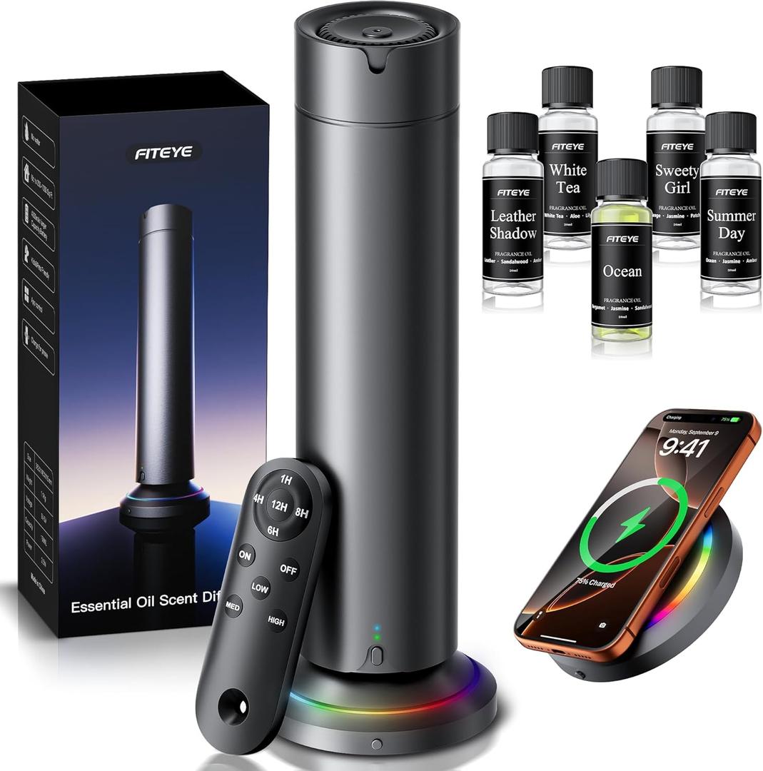 Waterless Scent Diffuser Kit Include 5x20ml Essential Oils, Essential Oil Diffuser for Home, Hotel & Office, APP&Remote Control, Quiet Operation, Pets and Kids Friendly, Max Coverage 1500 Sq Ft (Black)