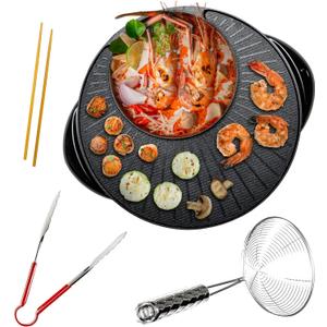OVENTE Electric Hot Pot and Grill Combo, 2-in-1 Portable Countertop Cooker with Temperature Control Perfect for Korean BBQ, Shabu Shabu and Soup with Free Strainer, Chopsticks and Tong, Black GH10133B
