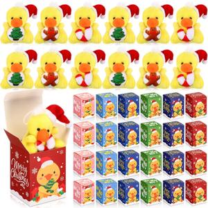 Blueweenly 24 Sets Christmas Mini Plush Gift with Box Christmas Stuffed Animal Keychain with Santa Cap Tiny Plush Set for Xmas Party Stocking Fillers Exchange Gifts(Duck)