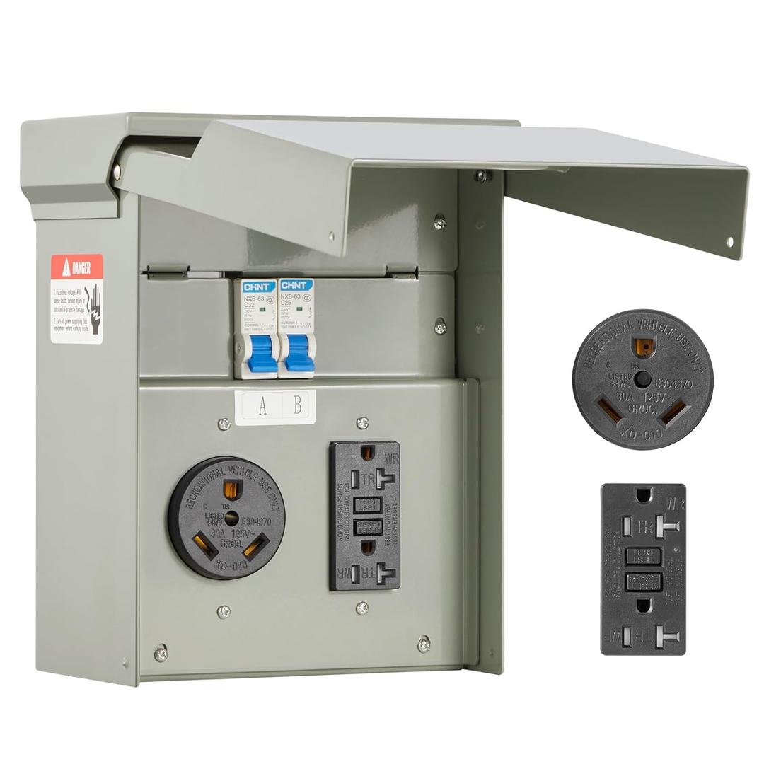 VEVOR Temporary Power Outlet Panel, RV Electrical Breaker Box with Prewired 30 Amp & 20 Amp GFCI Receptacle Circuit, Weatherproof RV Electrical Panel for RV Hookup Camper Travel Trailer Motorhome