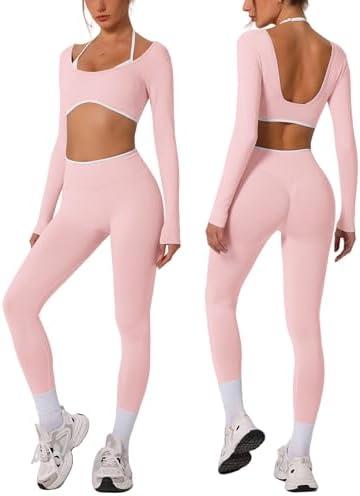 ABOCIW Workout Sets for Women Long Sleeve Crop Top Scrunch Butt Lifting High Waist Leggings 2 Piece Gym Yoga Outfits XS