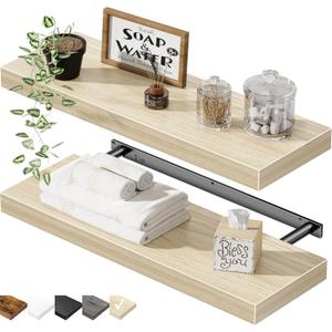 QEEIG Bathroom Floating Shelves for Wall  15.7" Wall Mounted Shelf Over Toilet Farmhouse Home Decor Display Bookshelf Small 15.7 x 6.7 inch Set of 2, Natural Light Brown (00840N)