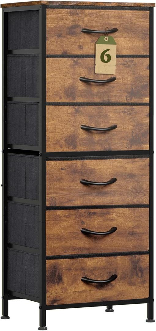 WLIVE Tall Dresser for Bedroom, 6 Drawer Dressers & Chests of Drawers, Fabric Dresser for Closet, Night Stand with Metal Frame, Storage Tower with Fabric Bins, Wood Top, Rustic Brown Wood Grain Print (11.73"D x 15.67"W x 39.37"H)