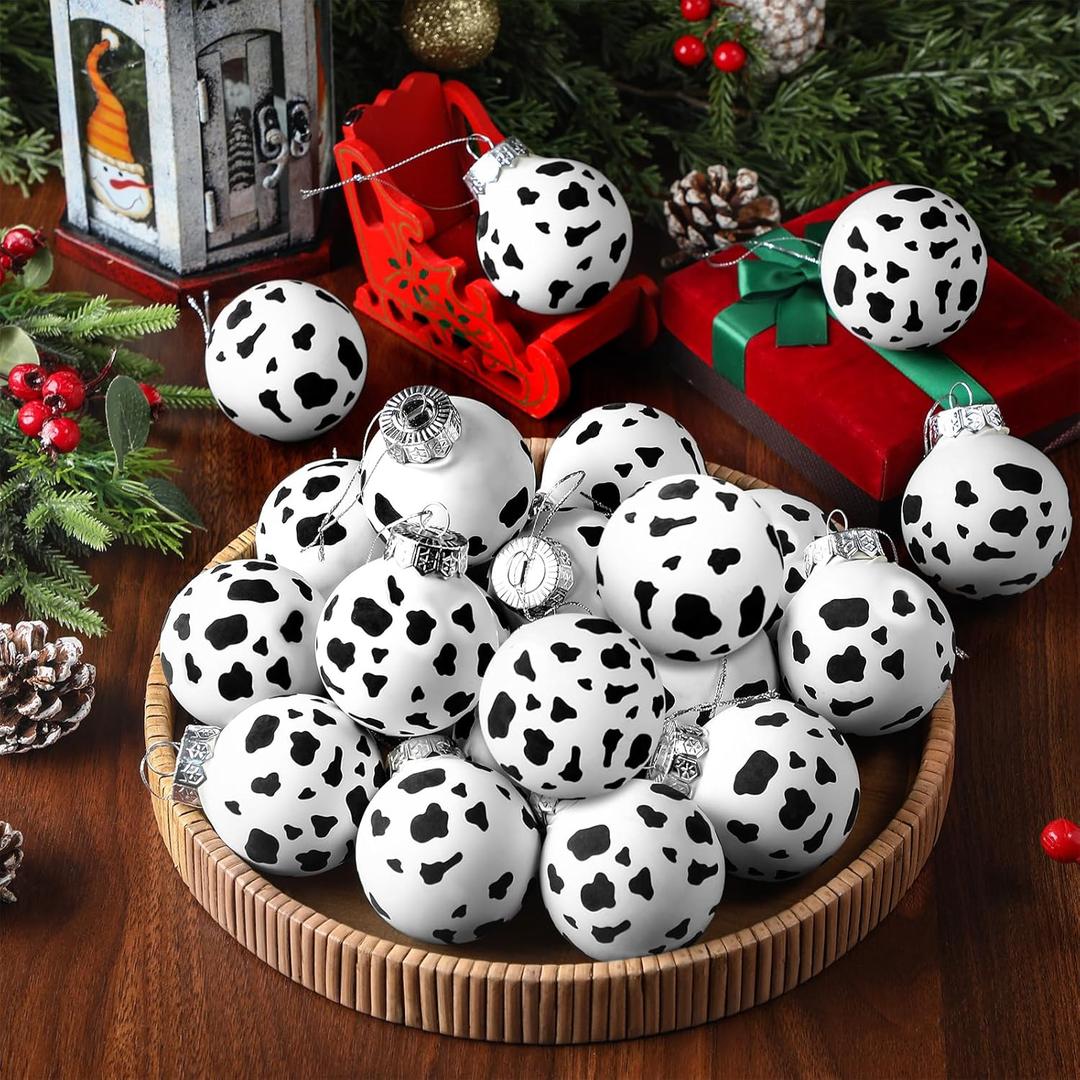 20 Pcs Cow Print Christmas Ornaments Western Cow Christmas Tree Decor Black and White Cowhide Ball Ornaments Farmhouse Country Xmas Hanging Decoration Shatterproof for Farm Rustic Holiday