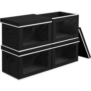 Cube Storage Bins with Lids, Clear Window Storage Baskets for Organizing, Fabric Organizer Bins with Handle, Cloth Storage Bins for Shelves, Closet, Clothes, Towels, 4 Packs, Black