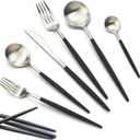 JASHII 18/10 Black Handle Flatware Silver Silverware Set 304 Stainless Steel Flatware Cutlery Set| 24-Piece Adaline Royal Modern Satin Finish| BEST Birthday Wedding Gift (Black Handle Silver 4 Sets) (Service for 4)